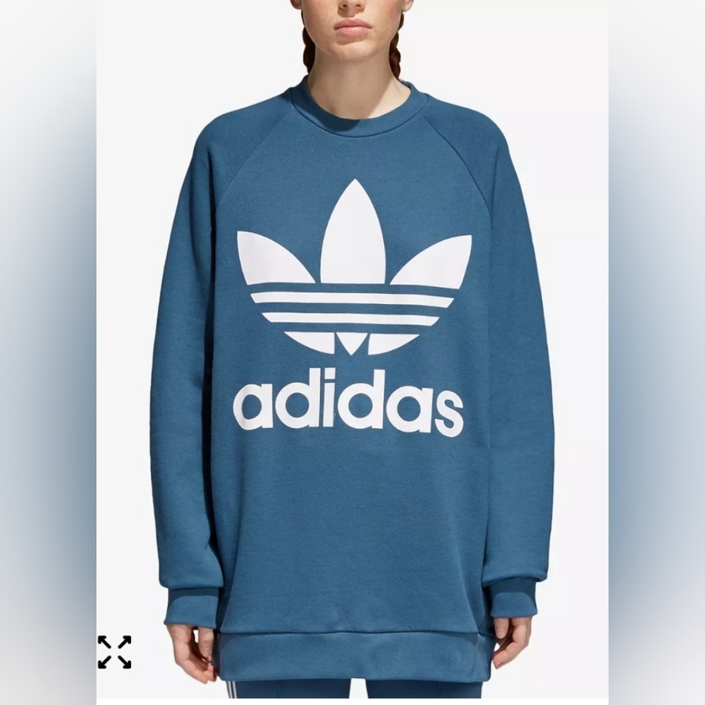 Adidas Trifold Throwback Teal Blue & White Sweater with Large Front Logo Size XS